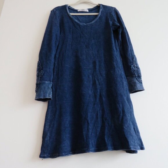 ABLE Distressed Blue Waffle Knit Crochet Cuff Swing Dress Boho Casual - Size S - Picture 11 of 15